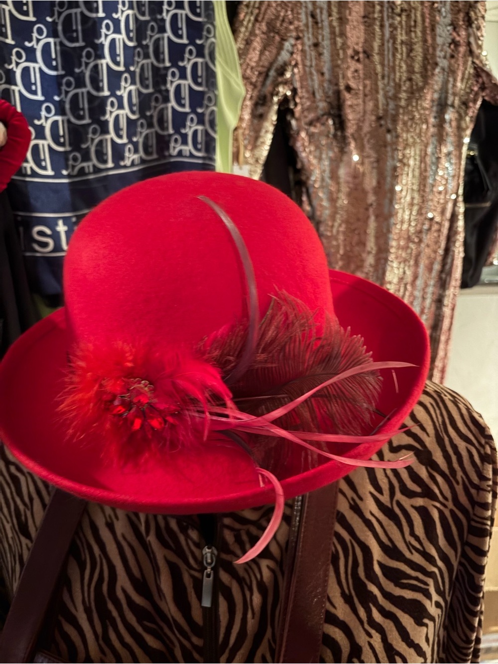 Classic Red Felt Bowler Hat with Feather Accent